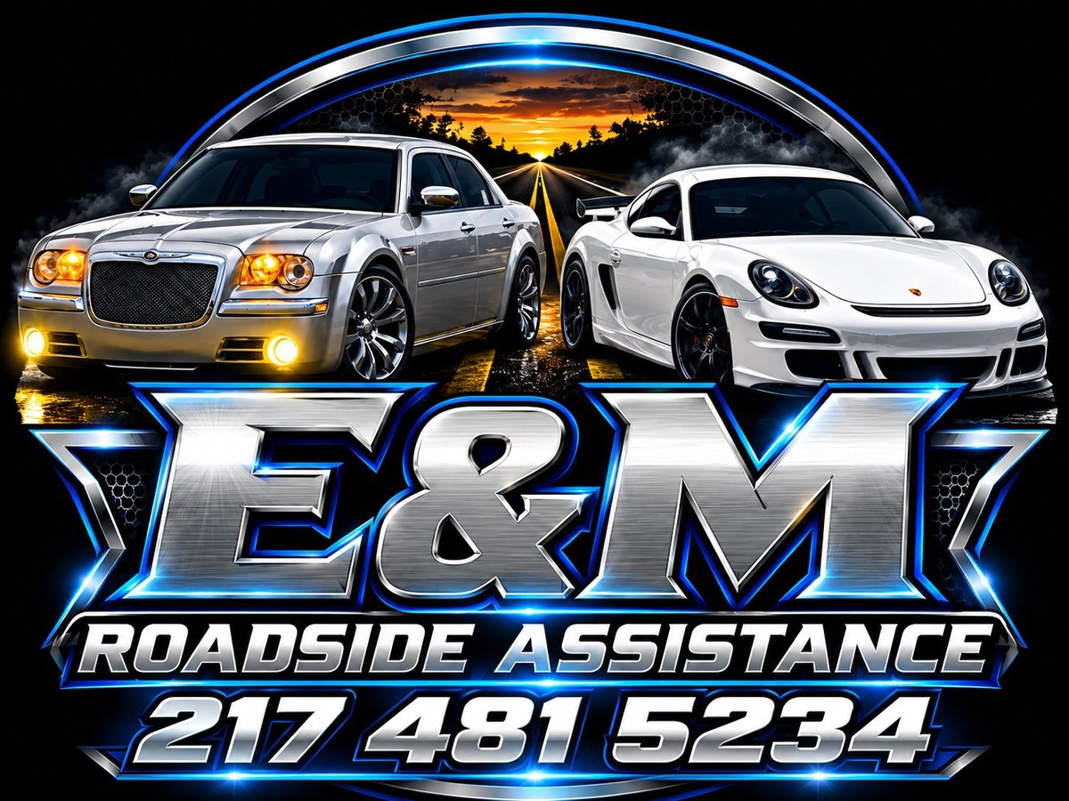 E&M Roadside Assistance logo featuring silver SUV and white sports car with sunset background and phone number 217.481.5234